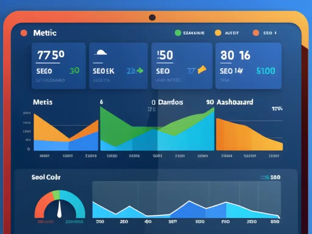 Construir Dashboard SEO Software Libre: Interfaz moderna y profesional con métricas y gráficos vibrantes en azul, gris y verde