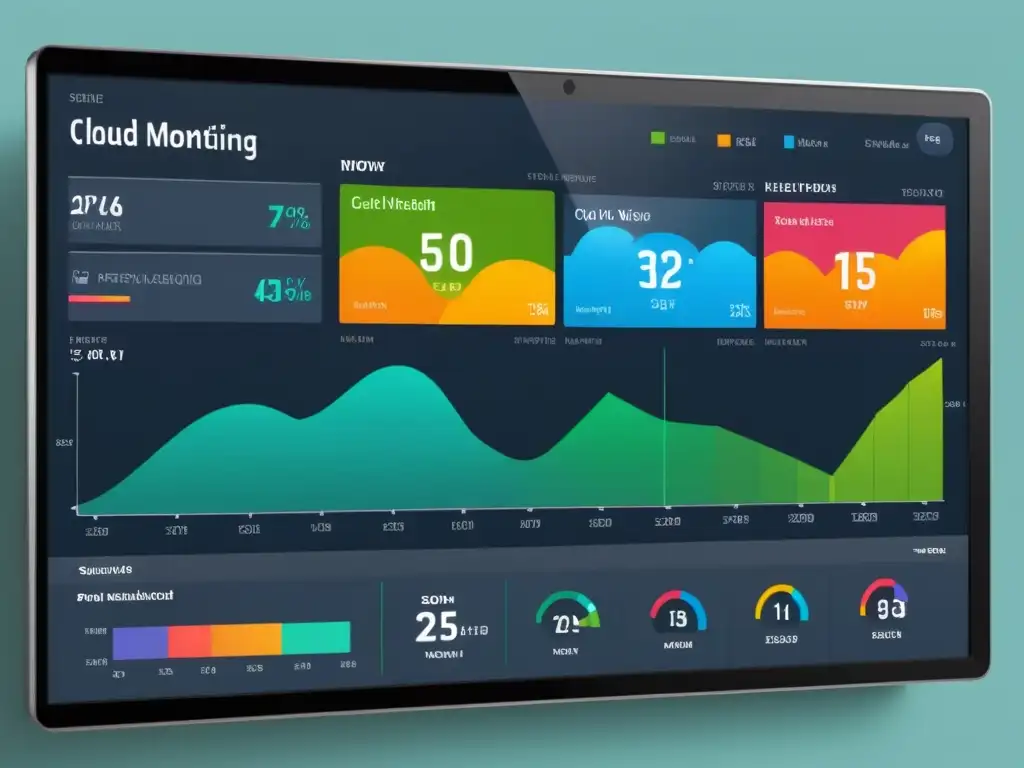 Soluciones de monitoreo de nube: panel de control moderno y elegante con visualización de datos en tiempo real y gráficos coloridos