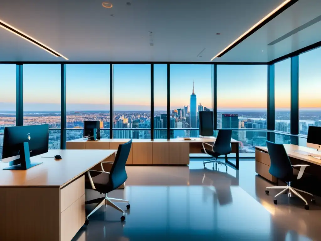 Una suite ofimática Open Source ONLYOFFICE en un espacio de oficina moderno con vista panorámica a la ciudad, bañado en luz natural y decoración minimalista