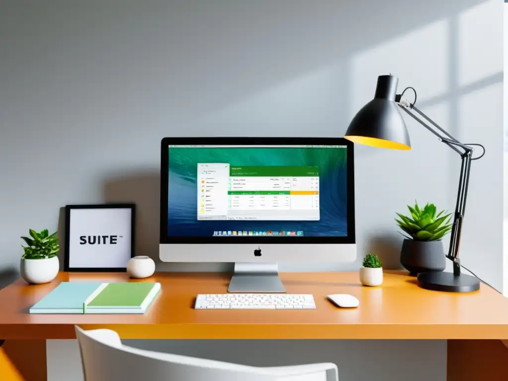Suite Ofimática Open Source para Mac en elegante escritorio con ordenador y accesorios minimalistas