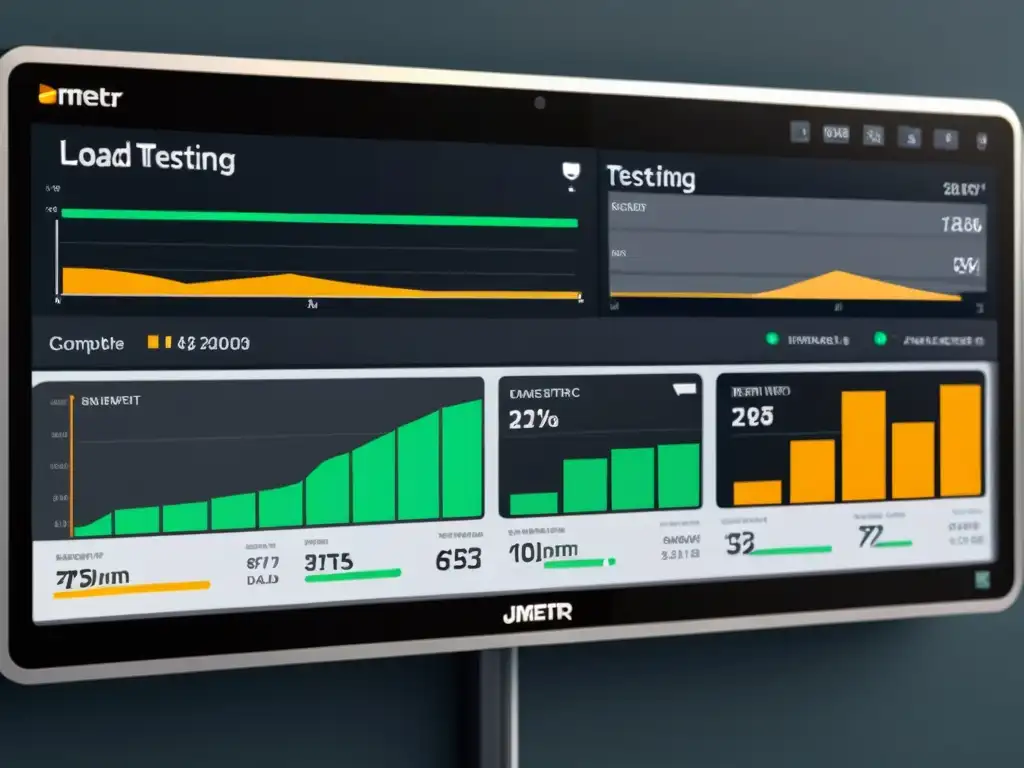 Tablero digital futurista con gráficos dinámicos y datos de pruebas de carga con JMeter, evocando un entorno profesional y avanzado
