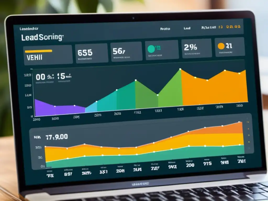 Tablero digital con métricas de lead scoring y gráficos coloridos, mostrando la efectividad del software libre para lead scoring