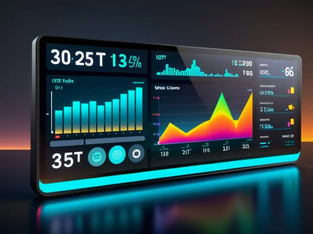 Panel de control IoT futurista con gráficos en tiempo real Tablero IoT futurista con gráficos vibrantes y datos en tiempo real