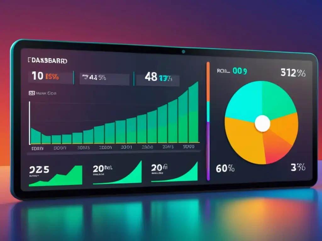 Tablero futurista con KPIs para programas de afiliación en software de código abierto, mostrando métricas en visualizaciones dinámicas y vibrantes