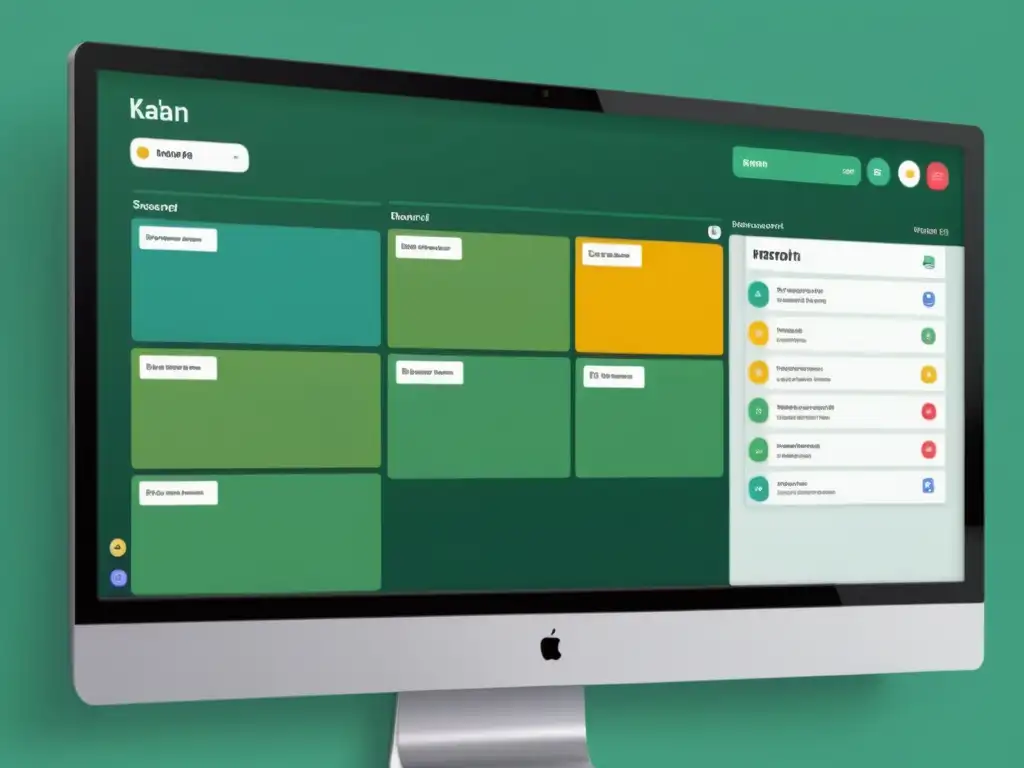 Tablero Kanban moderno en pantalla con colores vibrantes representando categorías de tareas