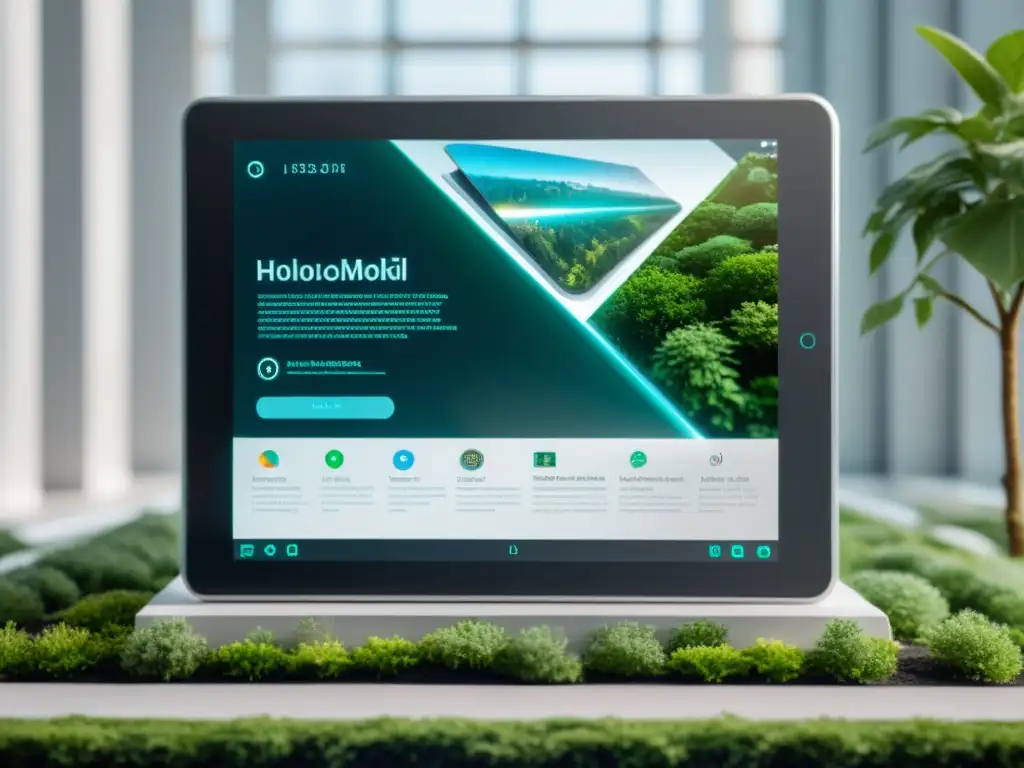 Tablet futurista con modelos de suscripción para software libre en holografía, rodeada de código virtual y arquitectura moderna