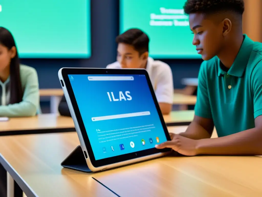 Tableta futurista ILIAS en aula moderna, con contenido educativo dinámico