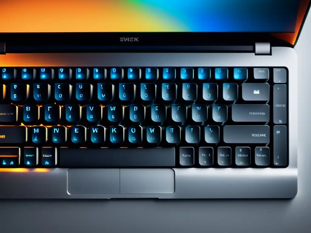 El teclado blanco de un laptop minimalista, con iluminación suave, resalta la eficiencia de un programador usando IDEs livianos para programadores