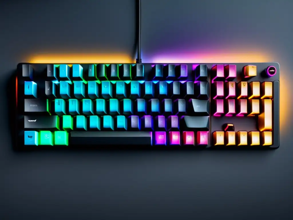 Un teclado mecánico de diseño abierto con keycaps personalizables, retroiluminación RGB vibrante y detalles tecnológicos