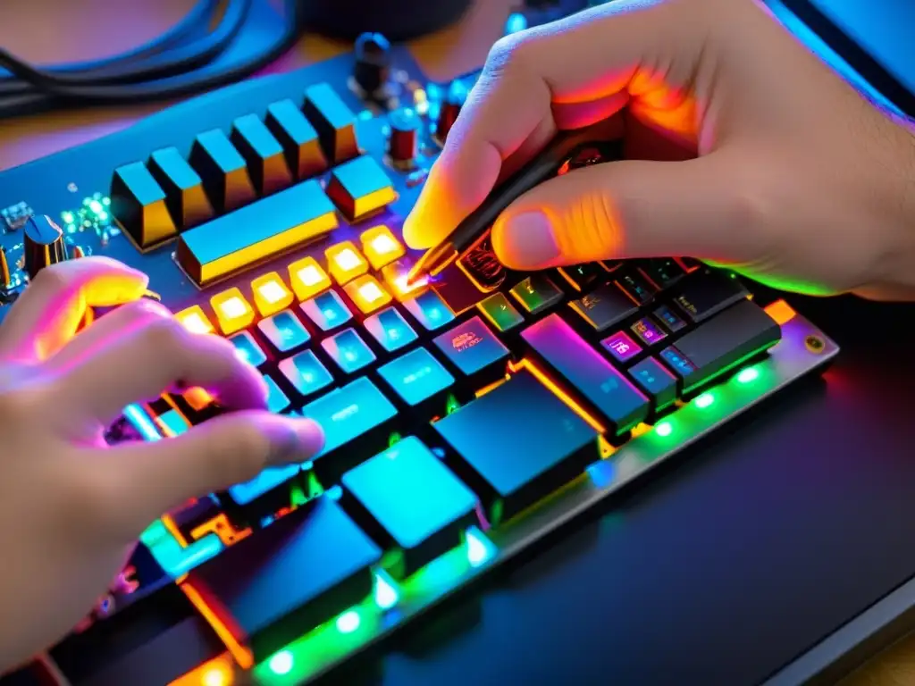 Soldador experto ensambla PCB de teclado mecánico Construir teclado mecánico hardware libre: Detalle de soldadura y circuitos con luces LED vibrantes en un PCB personalizado