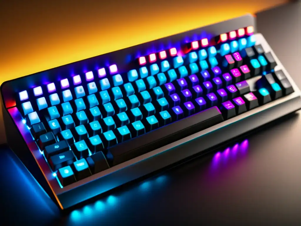 Teclado mecánico personalizado con LED y circuitos detallados Un teclado mecánico de hardware libre con diseño hightech, circuitos intrincados y retroiluminación LED, sobre un fondo moderno