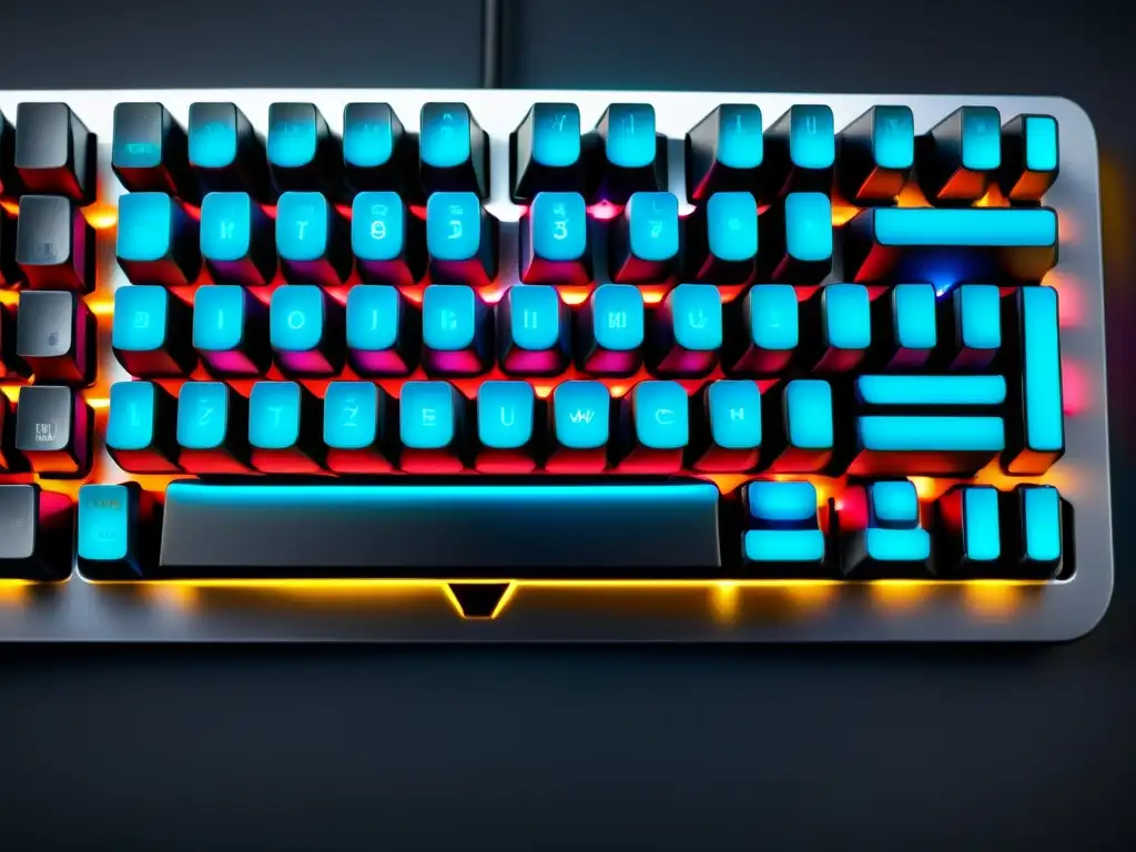 Un teclado mecánico moderno y elegante con iluminación LED colorida, resaltando detalles intrincados y exudando sofisticación