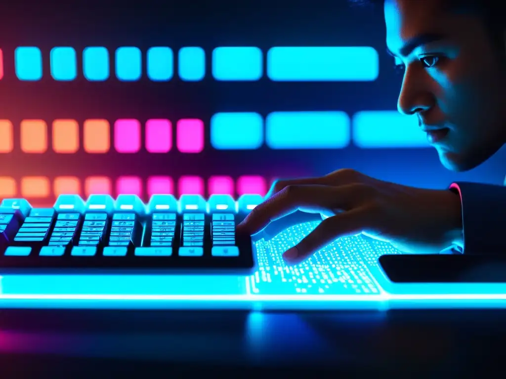 Un teclado moderno con código y visualizaciones proyectadas en la cara de una persona concentrada