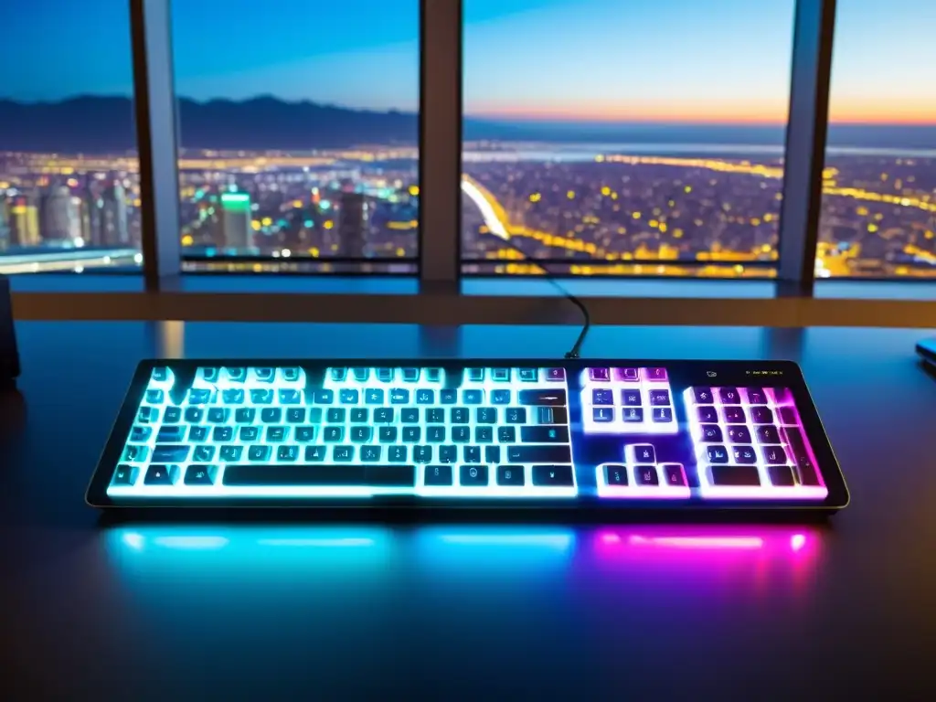 Un teclado moderno con luces LED vibrantes, en un entorno urbano futurista