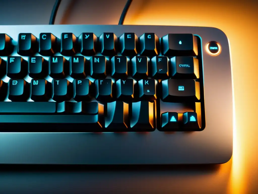 Un teclado moderno con iluminación suave, diseño elegante y atajos clave