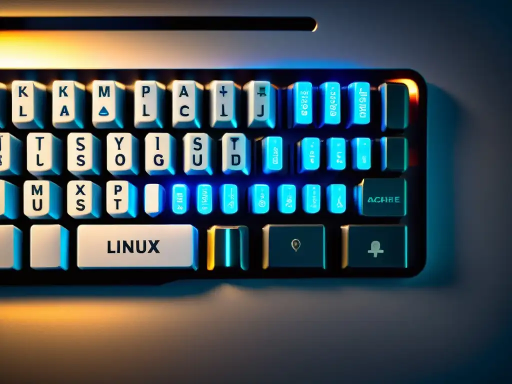 Un teclado moderno con las teclas iluminadas con logotipos de software de código abierto