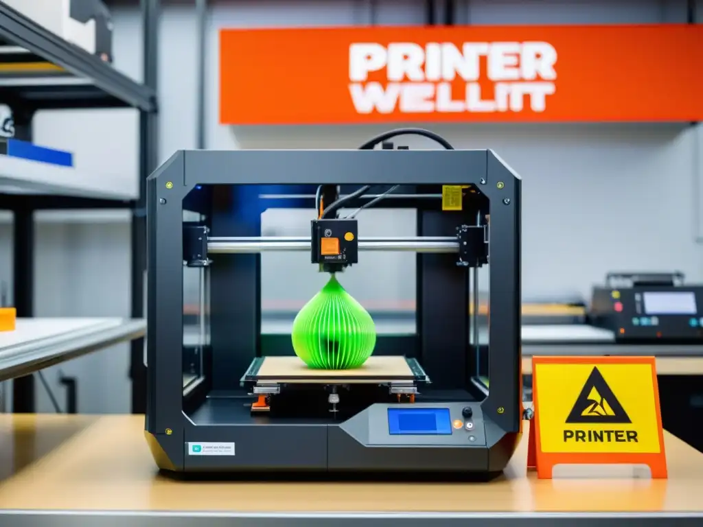 Un técnico supervisa con atención la impresión 3D en un taller profesional bien iluminado, con señalización de seguridad y equipo