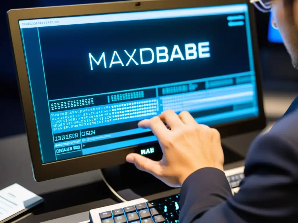 Un técnico instala la Base de datos de código abierto MaxDB en un entorno profesional y futurista con líneas de código y visualizaciones de datos