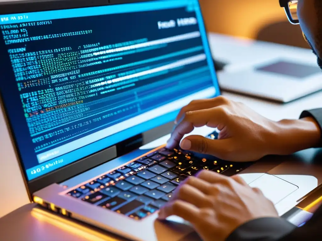 Un técnico teclea código para configurar Apache HBase en un moderno portátil, con una atmósfera profesional y concentrada