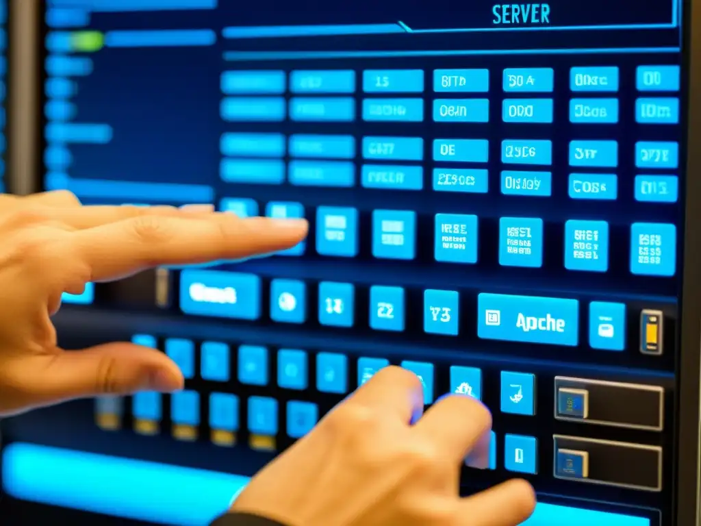 Un técnico ajusta la configuración del servidor web Apache en una interfaz moderna, con líneas de código y parámetros del sistema