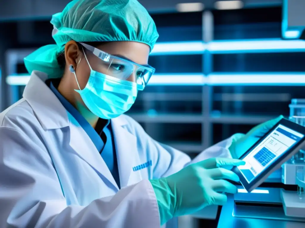 Desarrollo de vacunas con tecnología AI: laboratorio futurista Un técnico de laboratorio utiliza equipo de IA para el desarrollo de vacunas en un entorno futurista y estéril