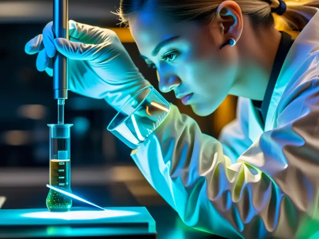 Extracción precisa de líquido en laboratorio de alta tecnología Un técnico de laboratorio extrae líquido de un tubo de ensayo usando una pipeta, bajo la luz de un microscopio futurista