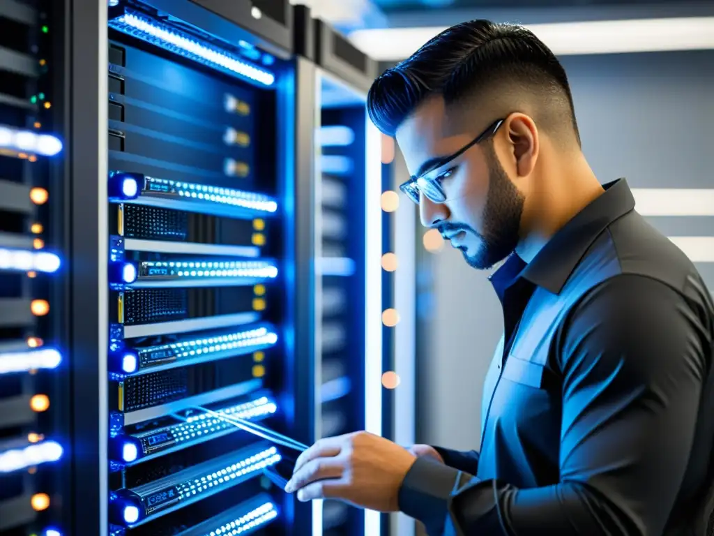 Un técnico realiza mantenimiento en un rack de servidores de alta tecnología en una sala bien iluminada