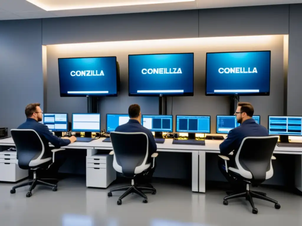 Un técnico configura múltiples computadoras en un laboratorio, con software Clonezilla en las pantallas