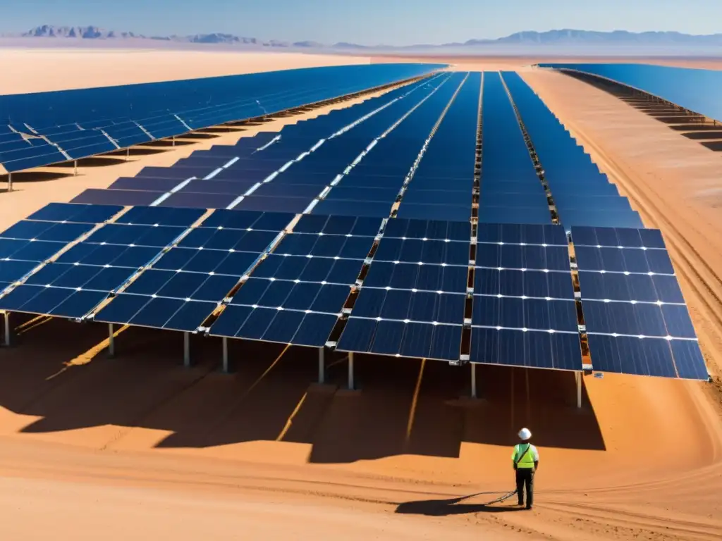 Un técnico ajusta paneles solares en un desierto, destacando la integración de software libre en energía renovable