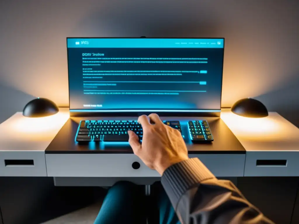 Configuración de NFS en BSD: Oficina moderna y eficiente Un técnico configurando sistemas de archivos en red con BSD en un entorno profesional moderno y eficiente, con iluminación cálida y ambiente acogedor