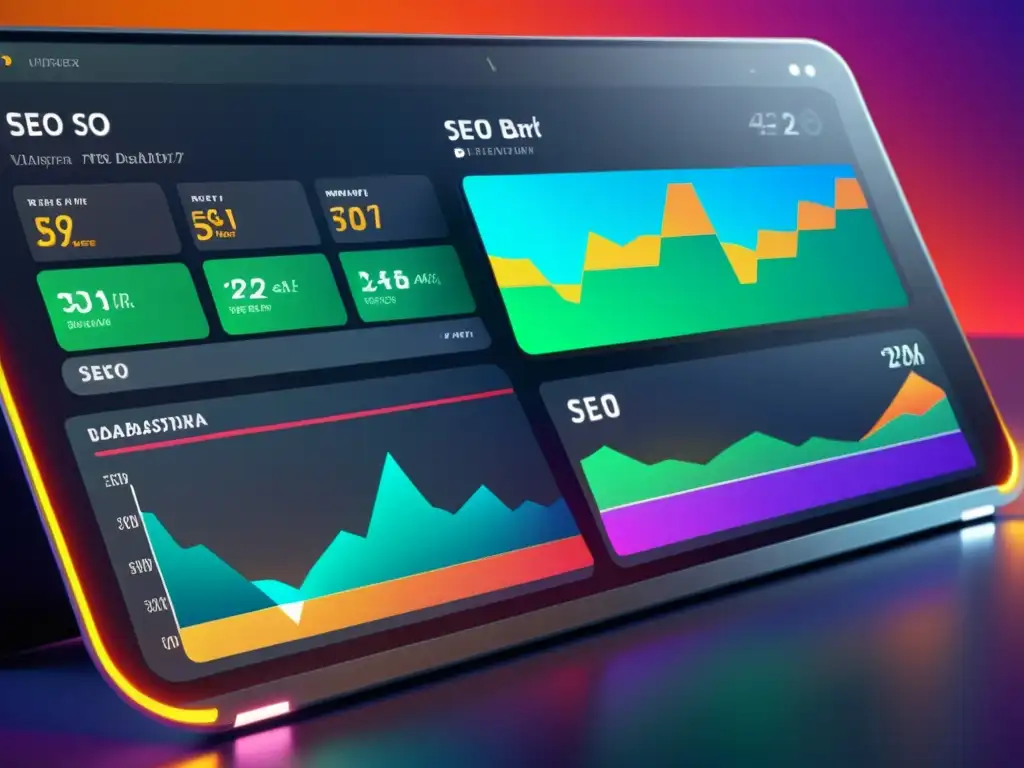 Interfaz SEO técnico de vanguardia con visualizaciones de datos y gráficos vibrantes, reflejando las mejores prácticas de SEO técnico código abierto