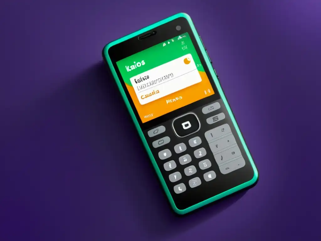 Un teléfono básico moderno con sistema operativo KaiOS, mostrando sus ventajas en apps educativas y profesionales con un diseño elegante y minimalista