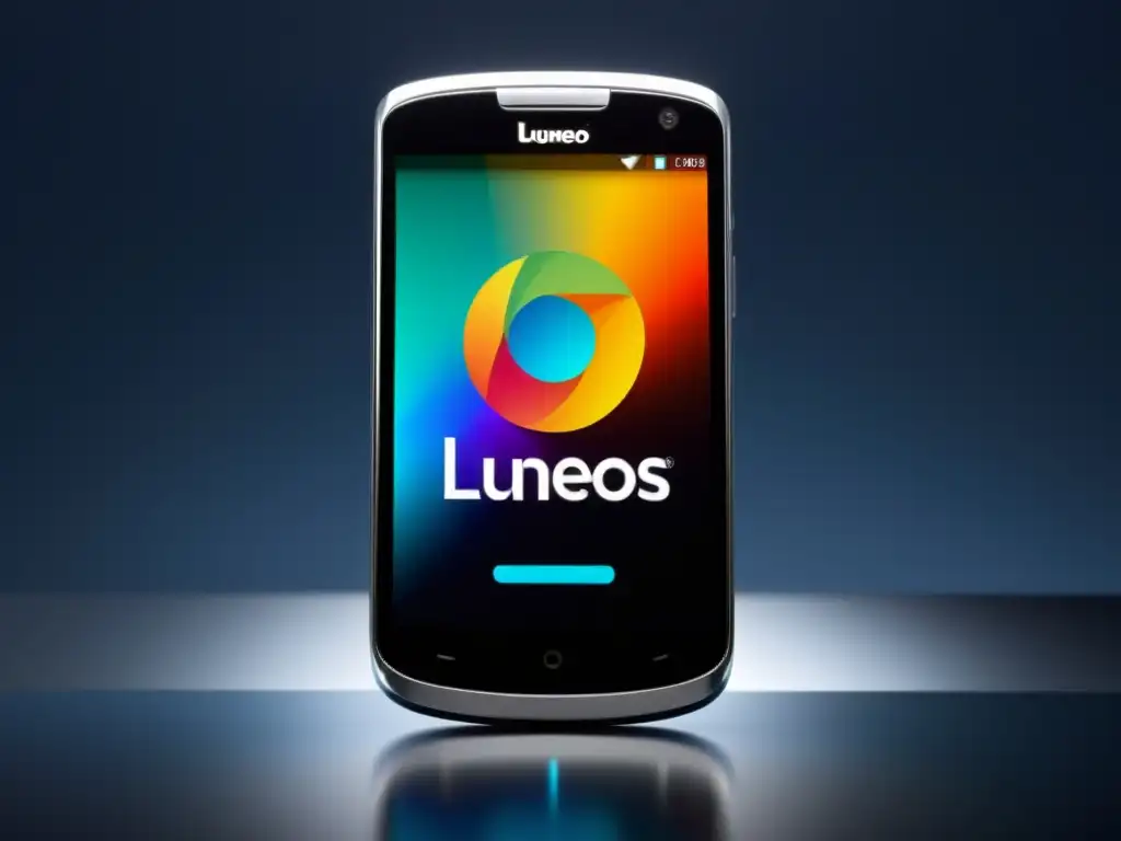 Teléfono inteligente moderno con pantalla vibrante de alta resolución y el logo de LuneOS, en un ambiente futurista