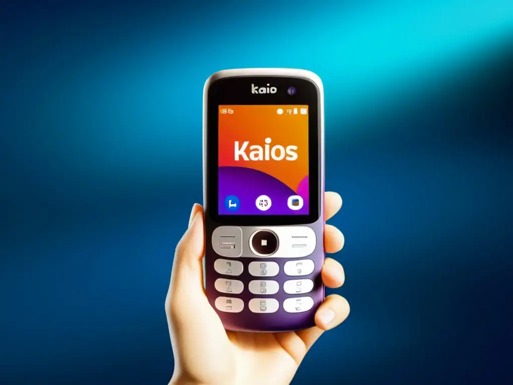 Un teléfono KaiOS con pantalla vibrante de alta resolución mostrando ventajas del sistema operativo KaiOS en apps educativas y profesionales