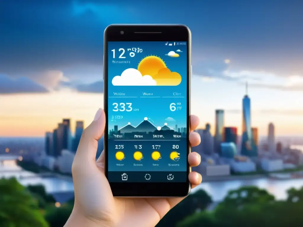 Teléfono móvil moderno muestra app de clima con sincronización de datos para web y móviles, destacando beneficios para usuarios en movimiento