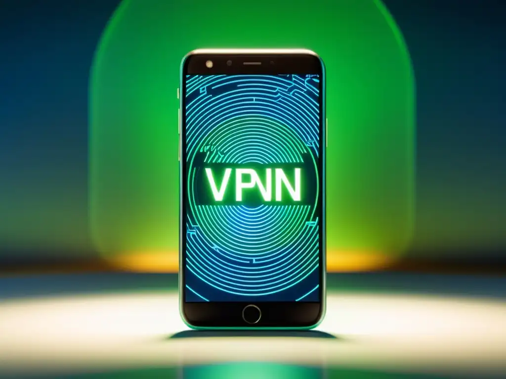 Un teléfono móvil moderno muestra código VPN de código abierto en una pantalla transparente, fusionando tecnología y diseño futurista