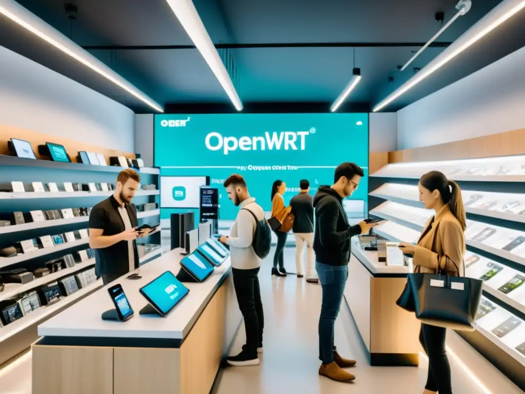 Una tienda moderna con clientes navegando en sus teléfonos, mientras el sistema OpenWrt gestiona las operaciones de comercio electrónico