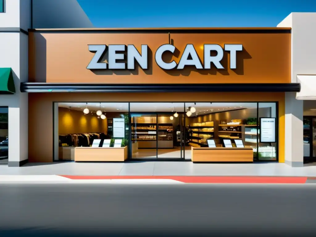 Una tienda moderna y profesional con el letrero de 'Zen Cart', transmite confianza y las ventajas de Zen Cart para negocios