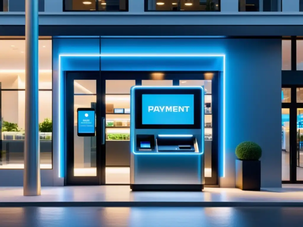 Una tienda moderna con terminal de pago digital iluminado en azul