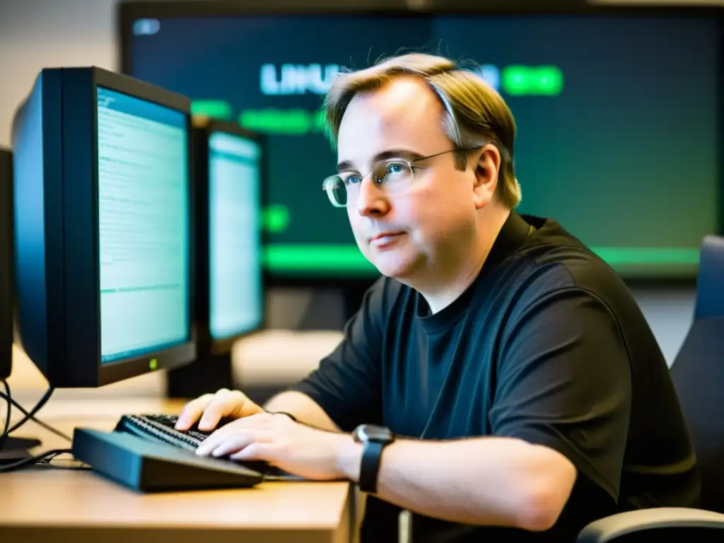 Linus Torvalds concentrado en programar, rodeado de tecnología y código