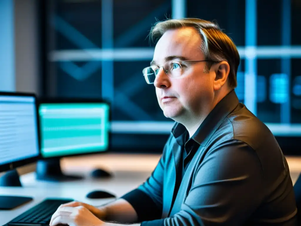 Linus Torvalds enfocado en su computadora, rodeado de código en múltiples pantallas en un moderno espacio de oficina