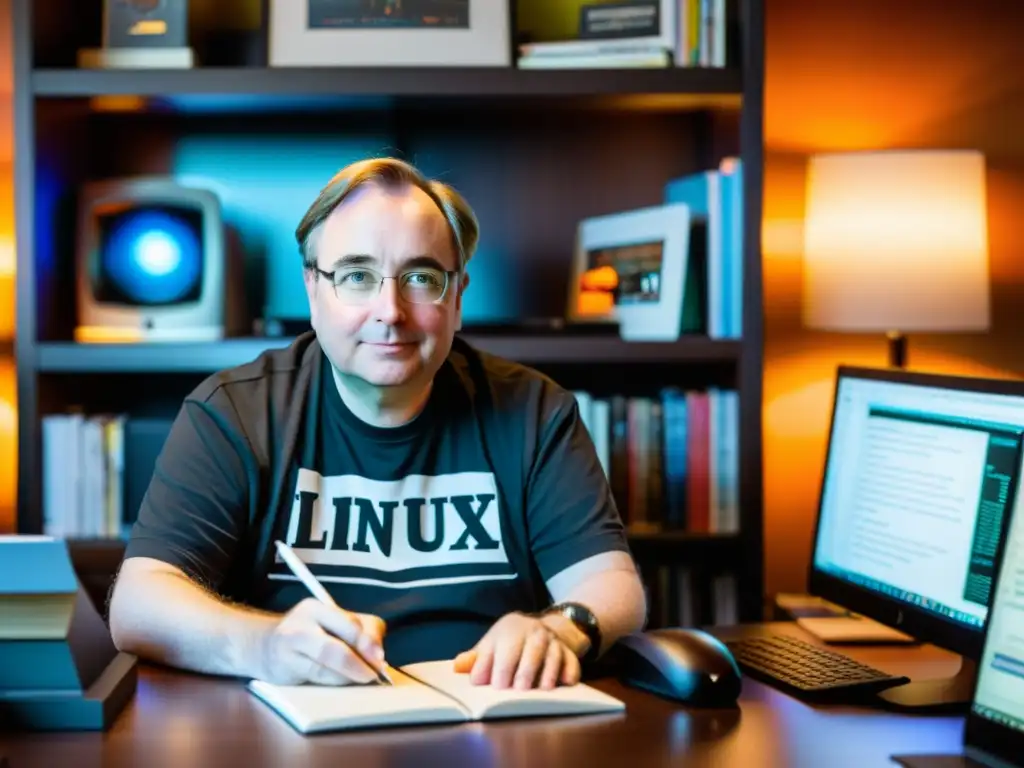 Linus Torvalds trabaja en su oficina en casa rodeado de posters, libros y memorabilia relacionada con Linux