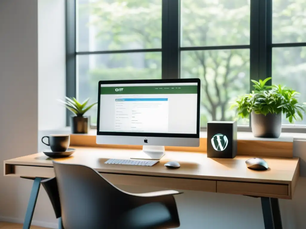 Estación de trabajo de un desarrollador con monitor que muestra un repositorio de Git y un sitio web de WordPress
