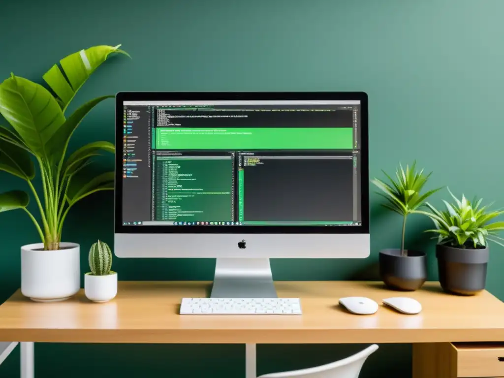 Estación de trabajo del desarrollador web con herramientas Open Source Desarrollo FrontEnd, monitores duales y plantas verdes