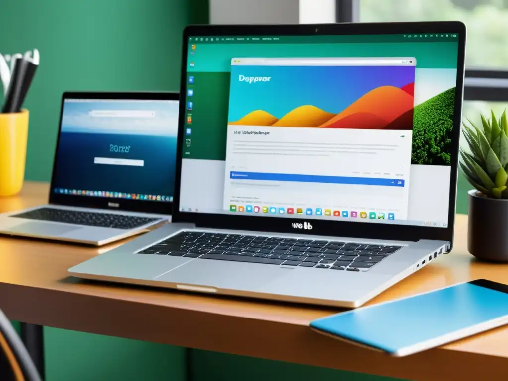 Estación de trabajo de desarrollador web con múltiples navegadores abiertos, mostrando compatibilidad y desafíos de código abierto