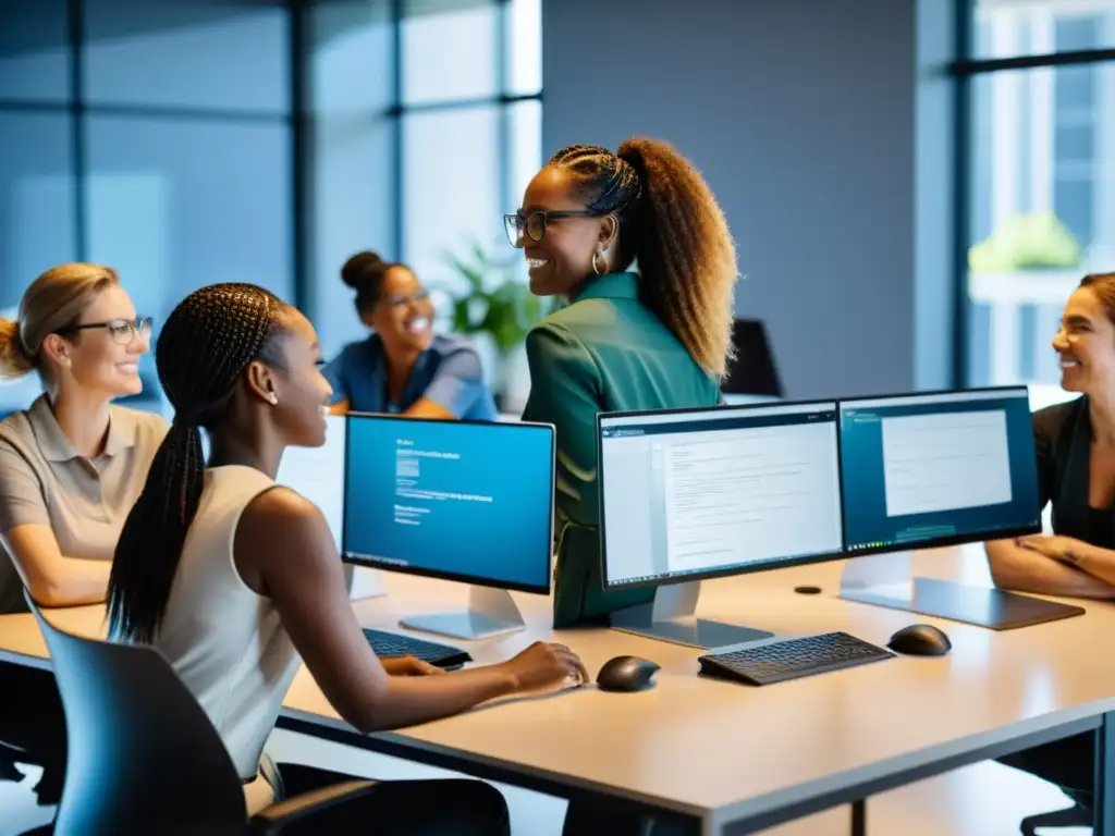 Equipo diverso de mujeres colaborando en proyectos de codificación Trabajo femenino en código abierto: Mujeres colaborando en proyectos de código en una oficina moderna y luminosa