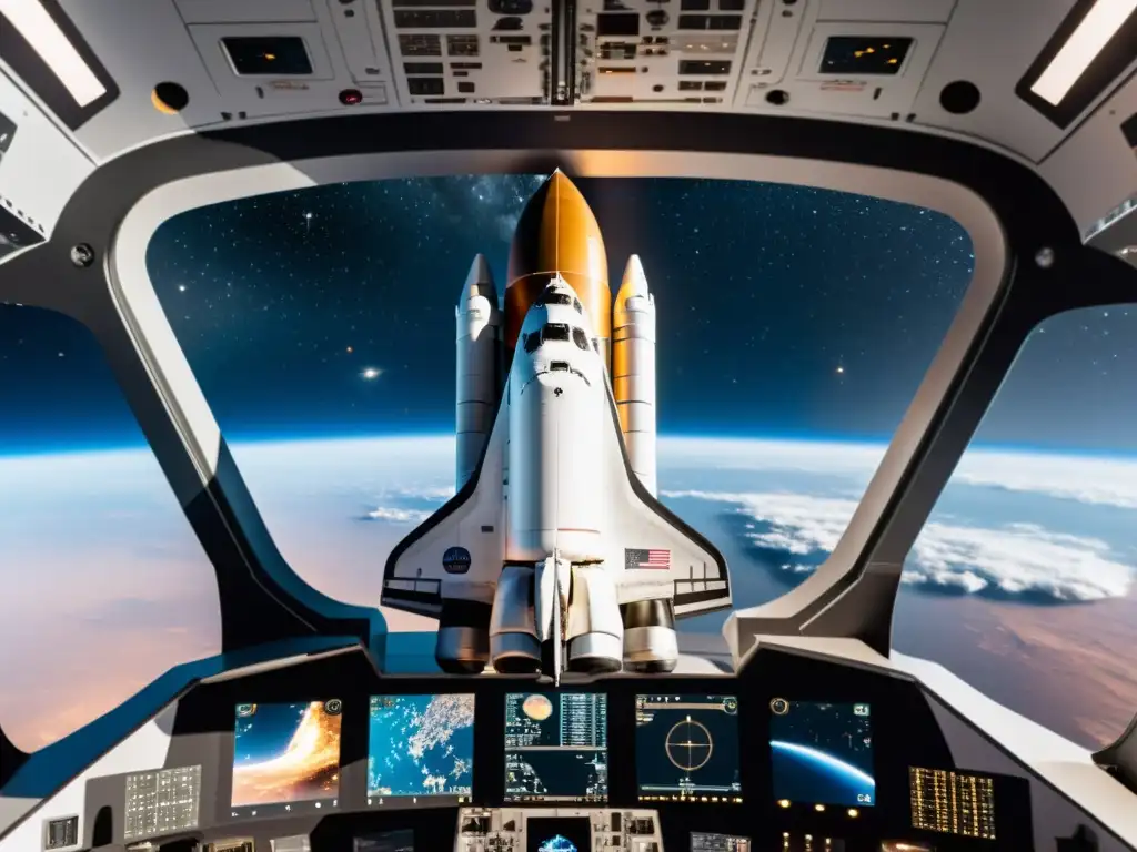 Exploración espacial: nave futurista y tecnología de vanguardia Un transbordador espacial futurista rodeado de estrellas y galaxias, resaltando el papel del software de código abierto en la exploración espacial