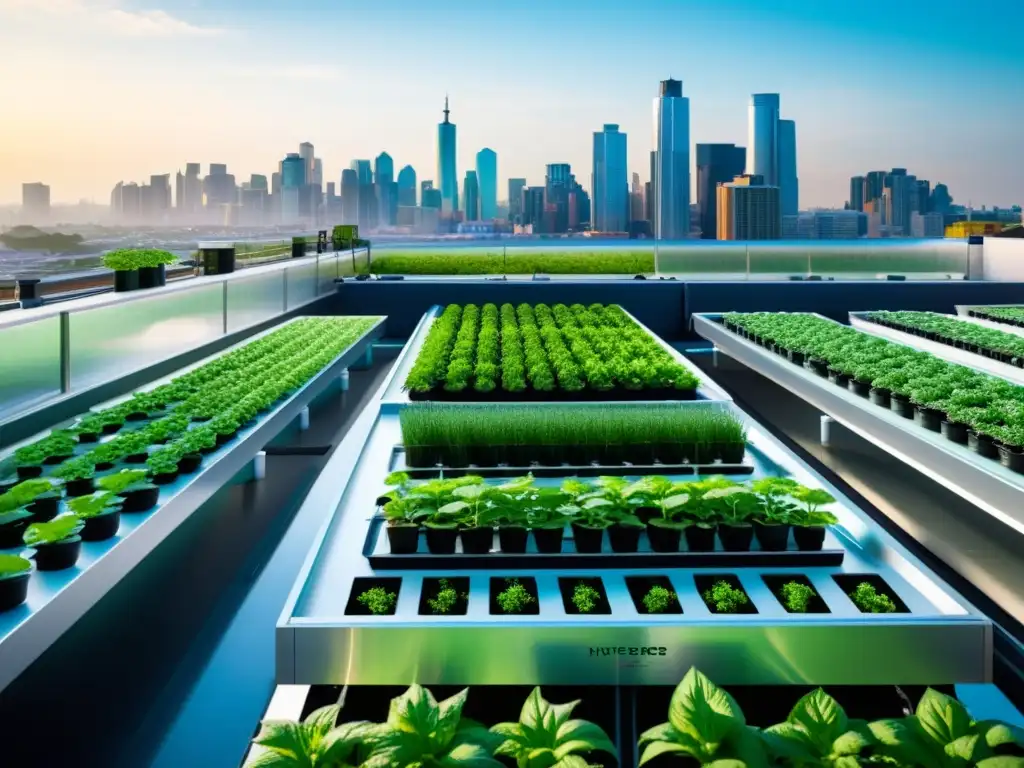 Jardín urbano en la azotea con tecnología open source para agricultura urbana, sistemas hidropónicos inteligentes y vegetación vibrante