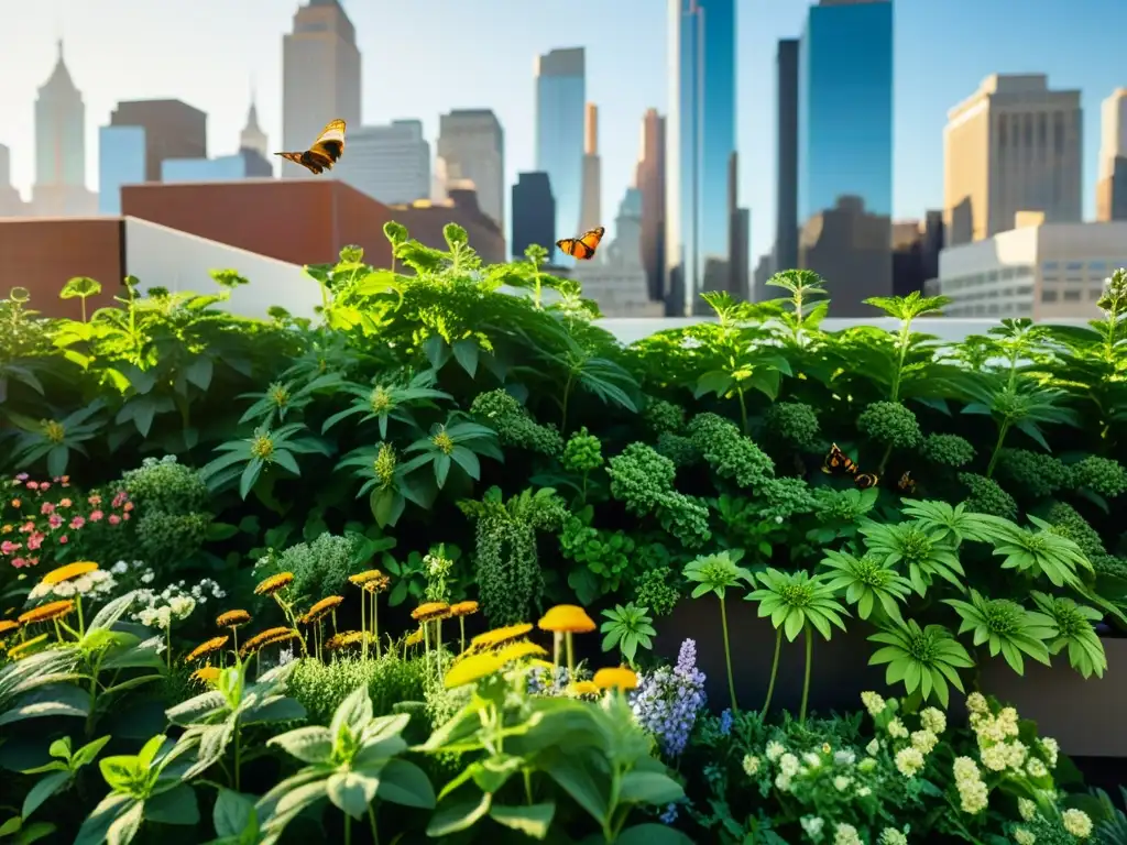 Jardín urbano sostenible con estrategias de financiamiento y código abierto, vibrante vida vegetal entre edificios modernos