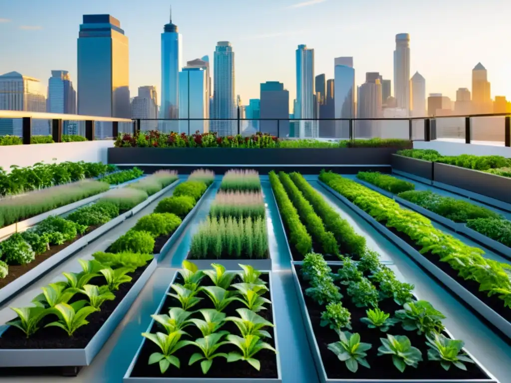 Jardín urbano tecnológico con cultivos vibrantes y sensores de alta tecnología, en contraste con la ciudad